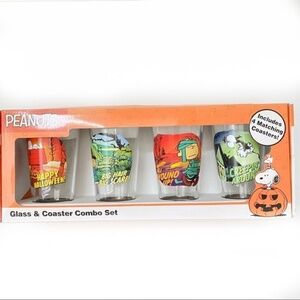 Peanuts Halloween Pint Size 16 oz Glasses with Coasters Colorful Scenes Set of 4